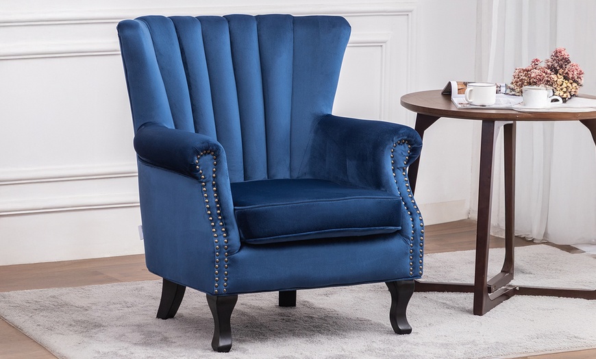 Image 3: Velvet-Upholstered Wing Back Armchair