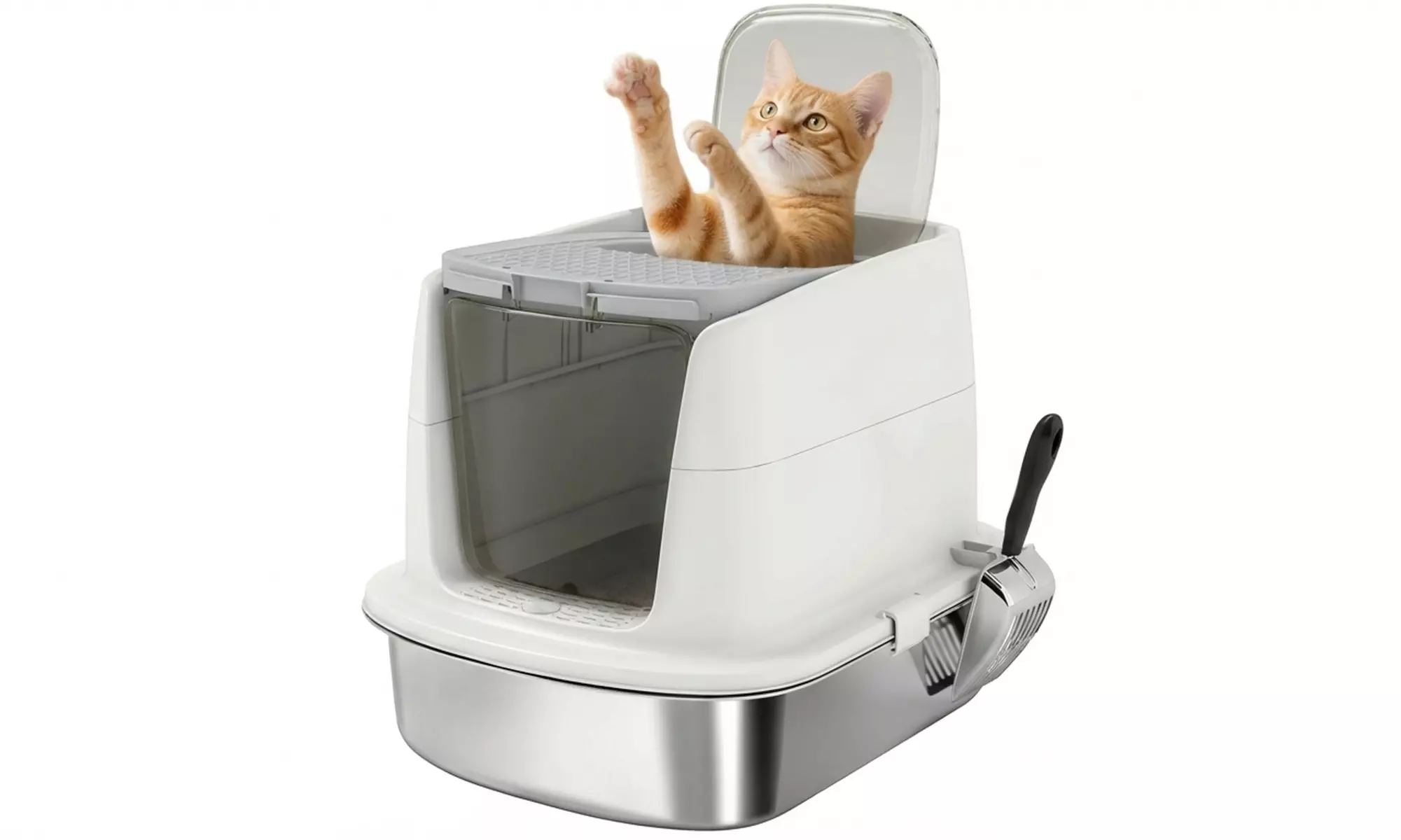 PawHut Stainless Steel Cat Litter Box with Top Exit and Scoop