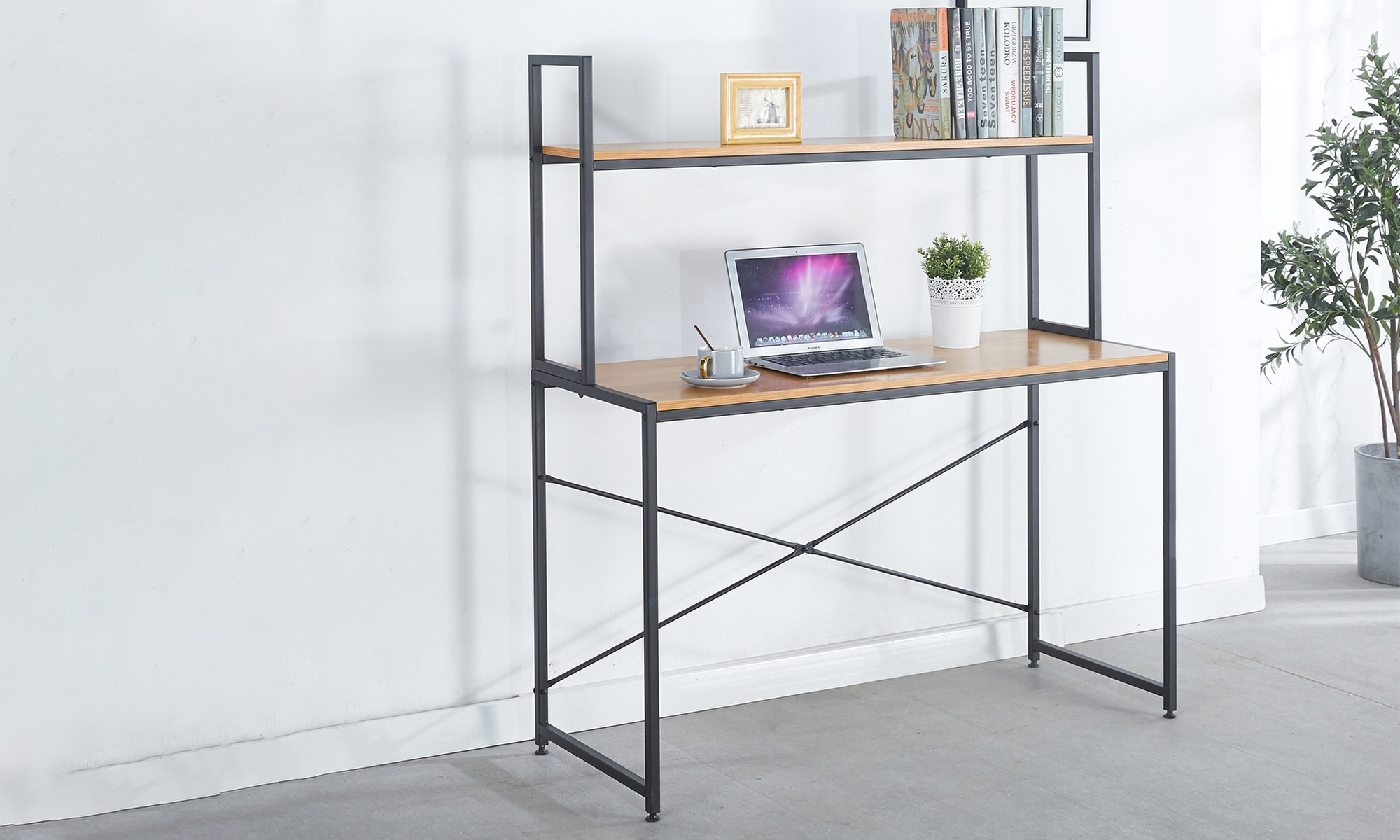 Bureau droit "Tucson" avec étagère intégrée, bois et acier