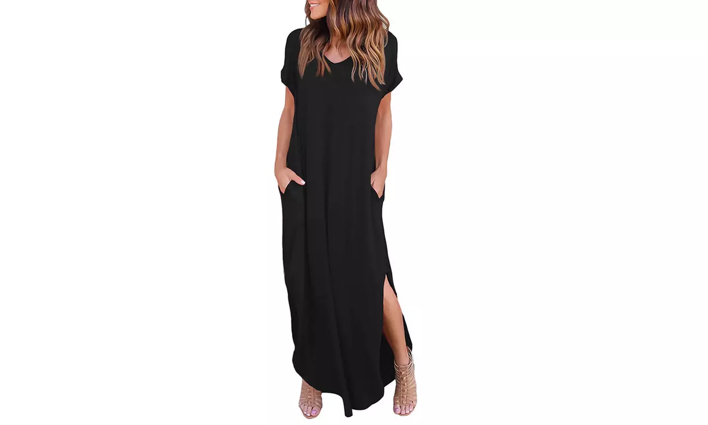 Women Summer Beach Casual Sexy Split Maxi Shirt Dress Short Sleeve Long Dresses