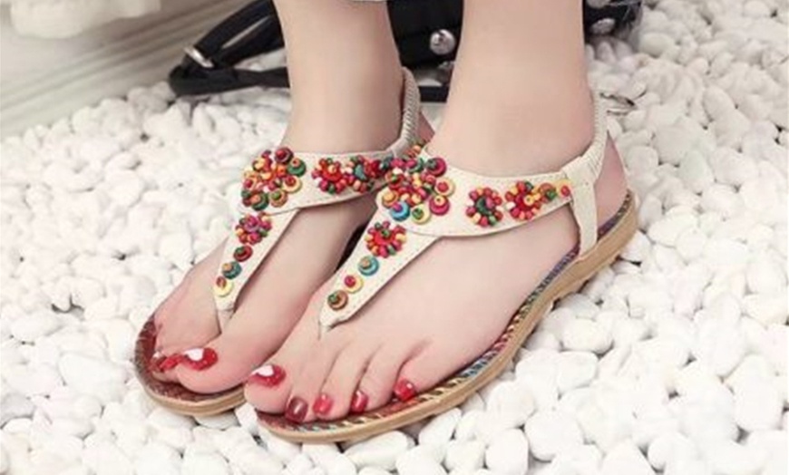 Image 3: Boho Beaded Toe Post Flip Flop Sandals