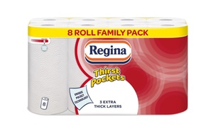 Pack of Eight Three Ply Regina Thirst Pockets Paper Towel Rolls Pack of Eight Three Ply Regina Thirst Pockets Paper Towel Rolls