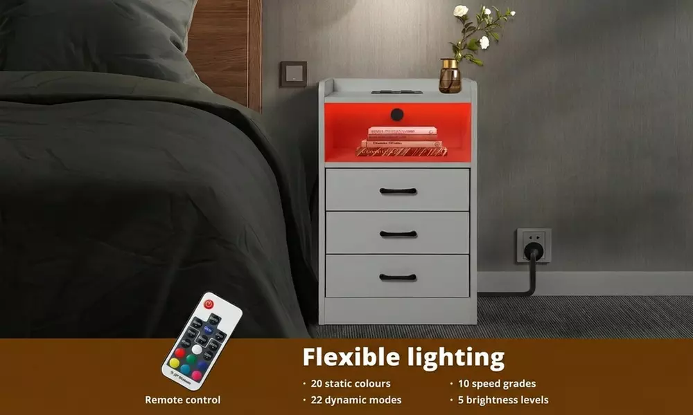 Levede LED Bedside Table – 3 Drawer Smart Nightstand