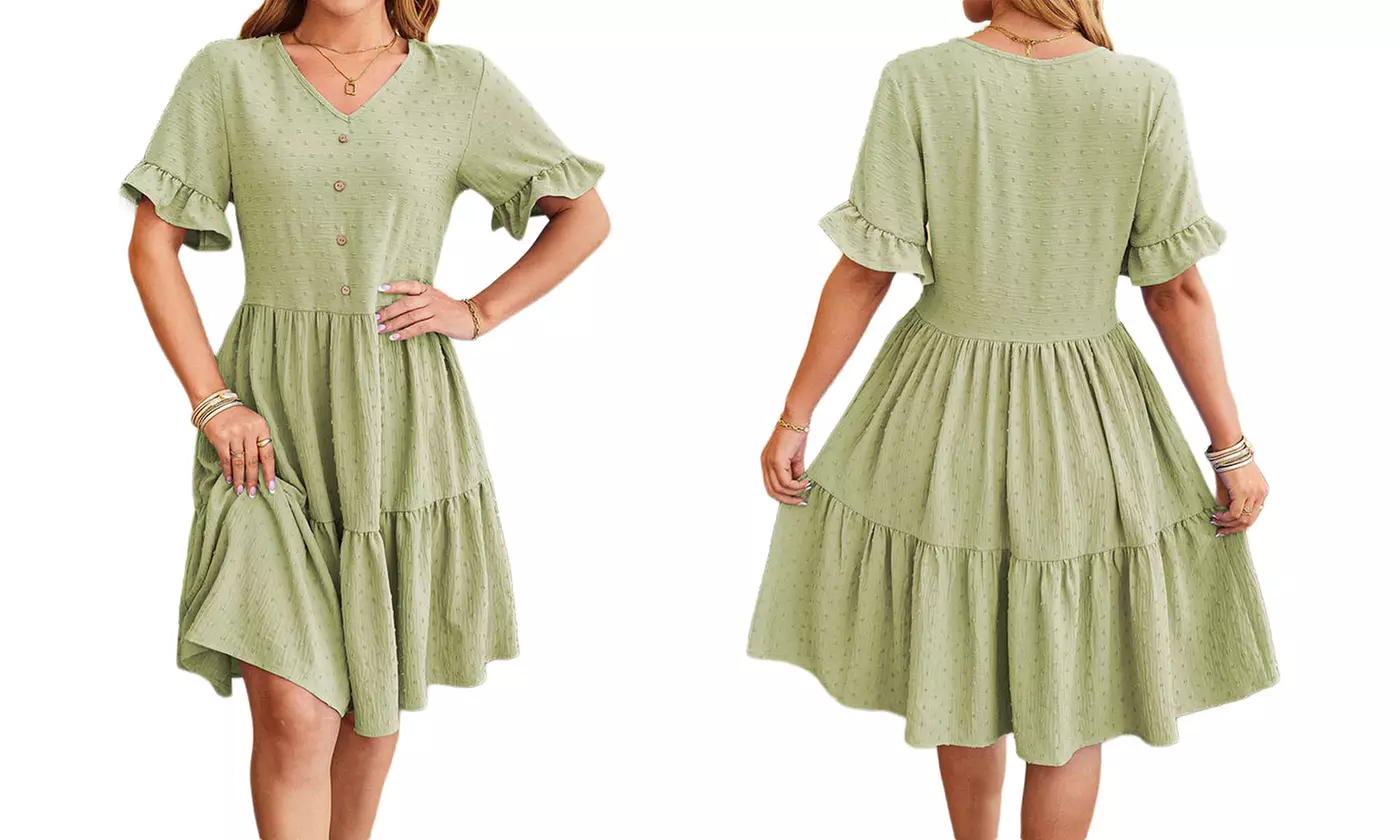 Womens V Neck Short Sleeve Swiss Dot Ruffle Hem Summer Dress