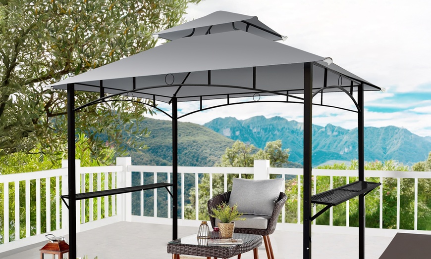 Image 2: Outdoor BBQ Pavilion Gazebo - Steel Frame with Double Roof & Side Shelves