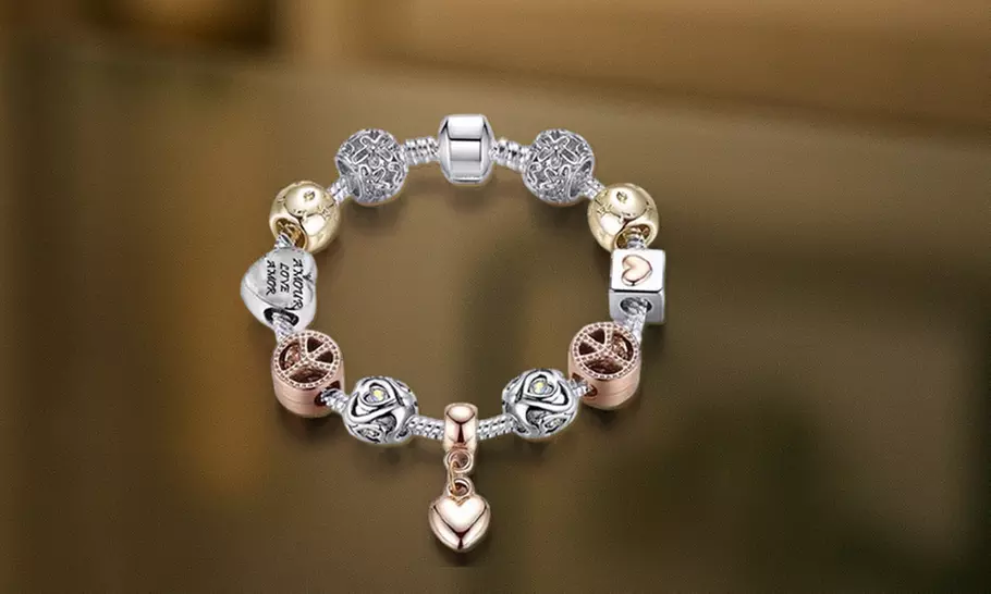 Women's Crystal Heart Charm Tri Color Bracelet Made With Crystals From Swarovski