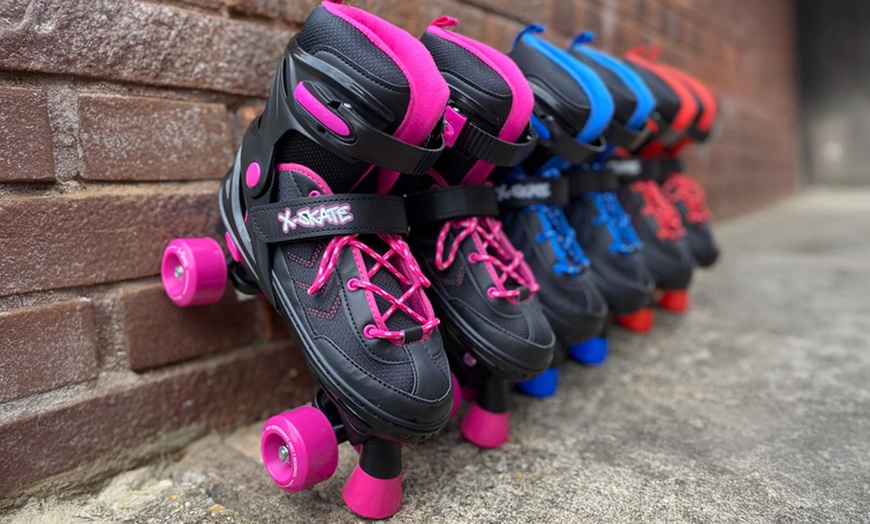 Image 1: X-Skate Adjustable Quad Roller Skates with Built In Adjusters for Kids