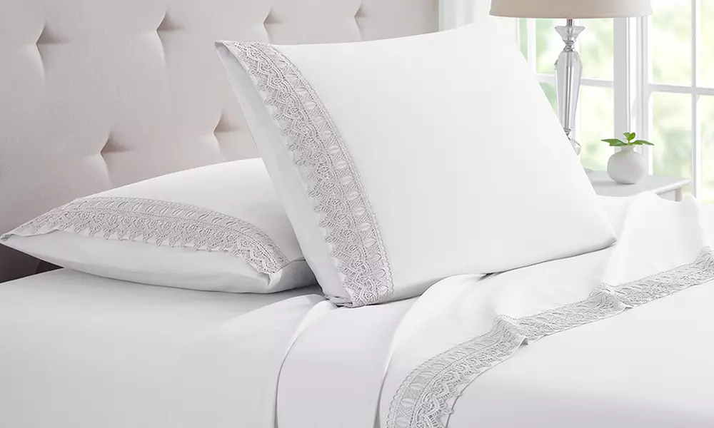 BambooComfort Four-Piece 1800 Thread Count Lace Crochet Deep Pocket Sheet Set  - Second Medium