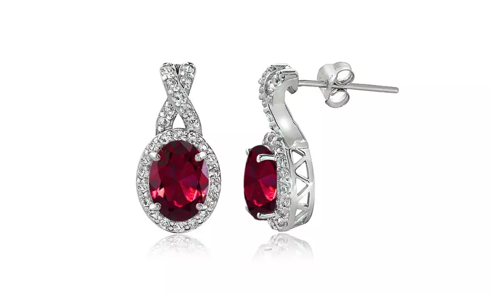 Sterling Silver 3ct TGW Created Ruby & White Topaz Oval and X Drop Earrings