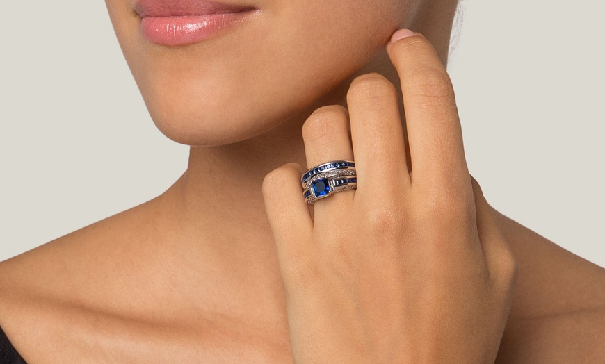 Image 9: Doppio anello veretta e solitario Destiny con zircone blu zaffiro