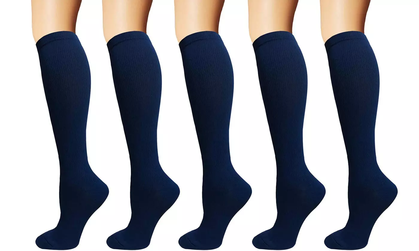 Solid Knee-High Compression Socks for Men & Women Graduated 15-20 mmHg (5-Pairs)