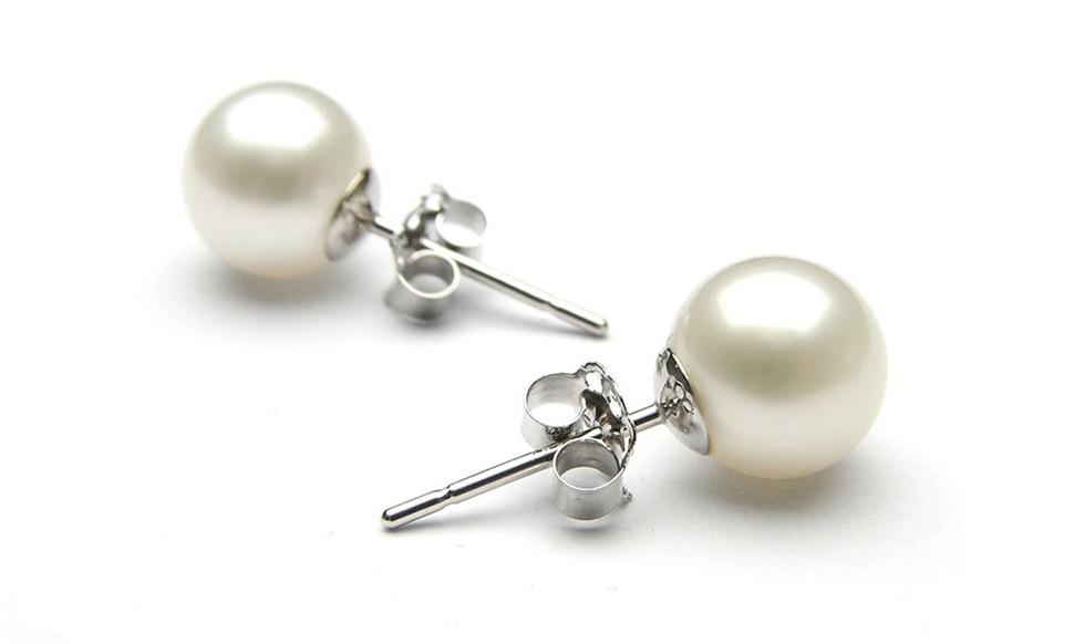 8MM White Pearl Stud Earrings in 18K White Gold