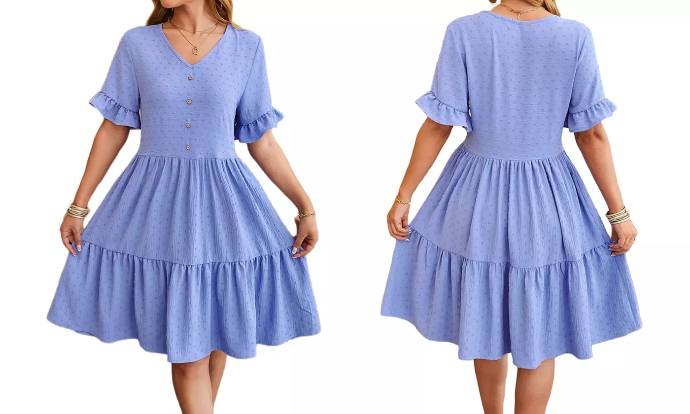 Womens V Neck Short Sleeve Swiss Dot Ruffle Hem Summer Dress