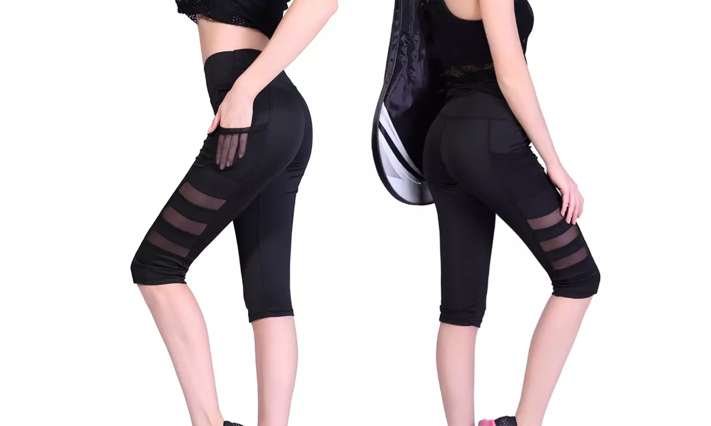 Women Side Pocket Mesh Splice Tummy Control High Waist Capri Leggings Yoga Pants