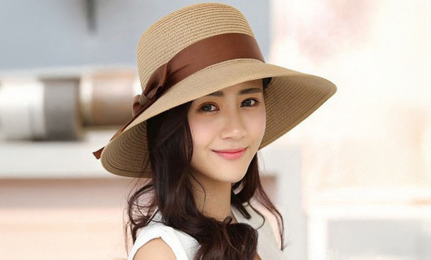 Image 1: Womens UPF50 Foldable Summer Straw Hat Wide Brim Fedora Sun Beach Hat