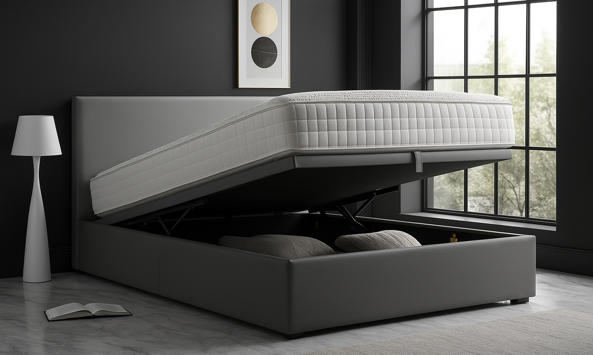 Letto contenitore Colisée in similpelle, materasso Empereur opzionale