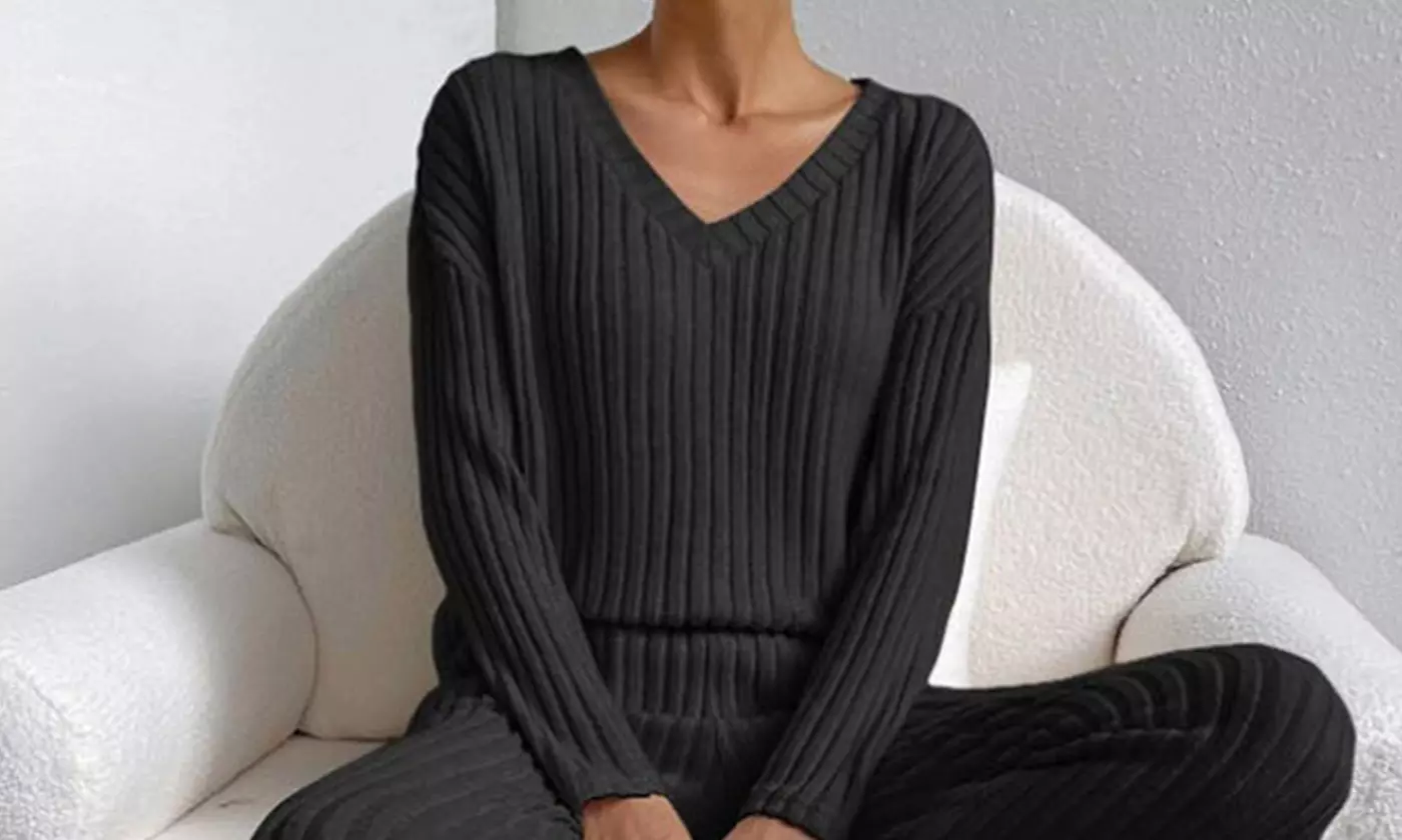 Women's Two-Piece Long Sleeve Ribbed Knit Lounge Pajama Sets