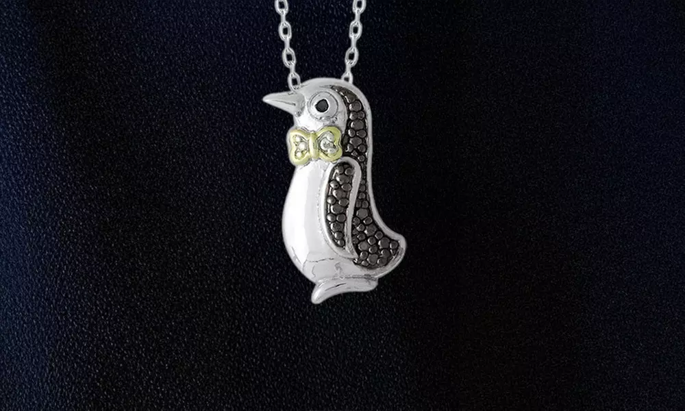Silver Tone Two Tone Black Diamond Accent Penguin Necklace