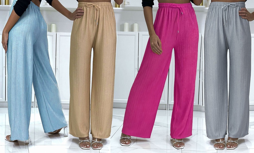 Image 1: Textured Palazzo Wide Trousers