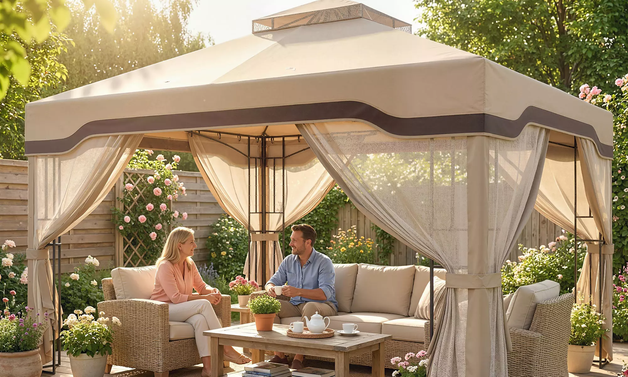 Outsunny Double-Tier Garden Gazebo with Mesh Panels