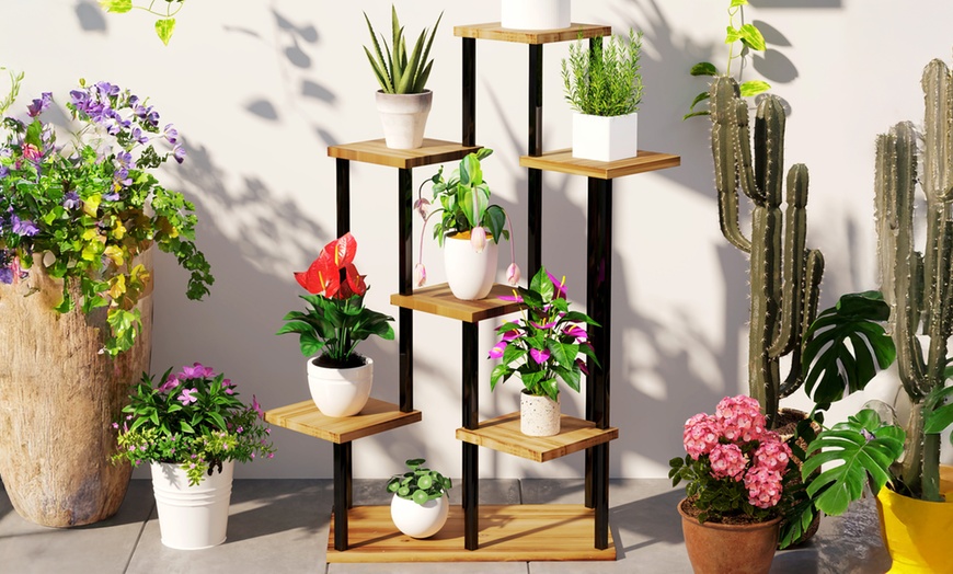 Image 6: Outsunny 5-Tier Corner Plant Stand with Wooden Shelves and Steel Frame