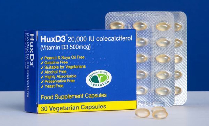 Image 1: 20- or 30-Pack HUX D3 Vitamin D3 (20,000 IU) Colecalifero Capsules