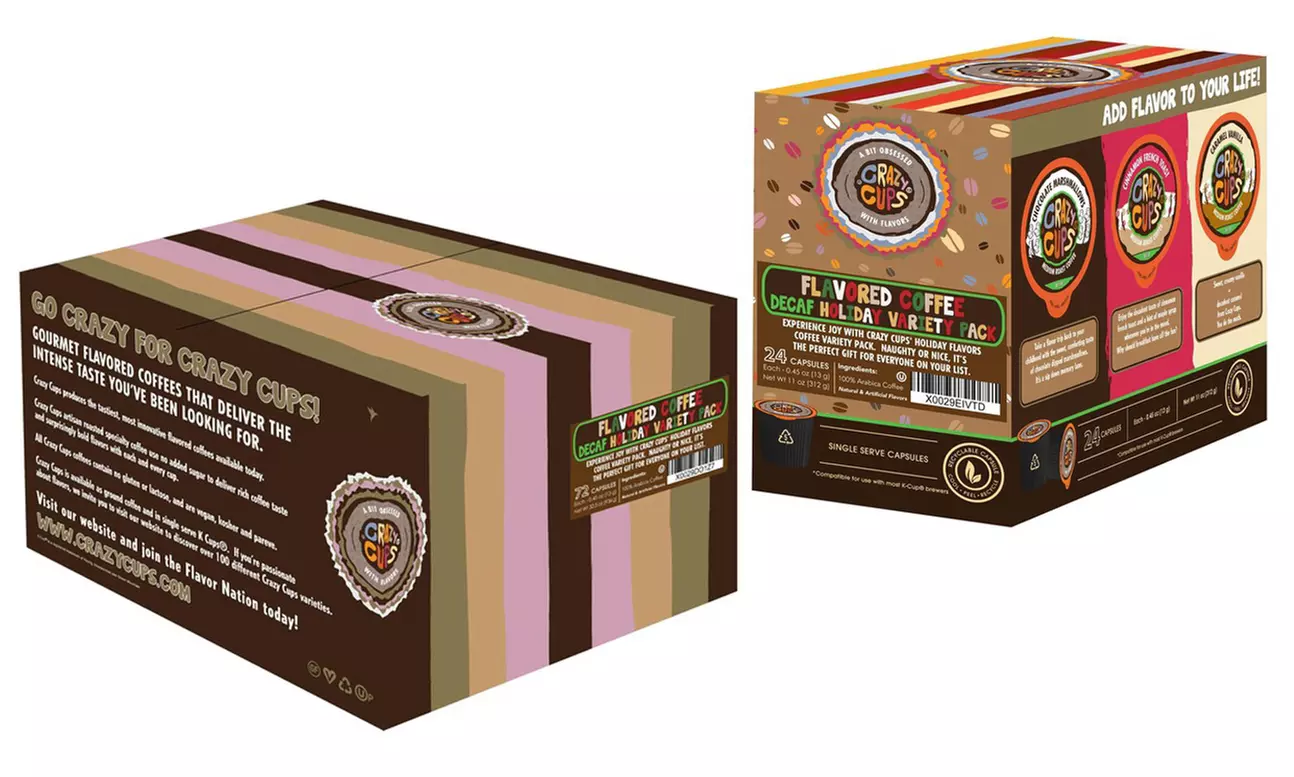Crazy Cups Decaf Holiday Variety Pack Hot or Iced Coffee K Cups, 24 or 72 Count