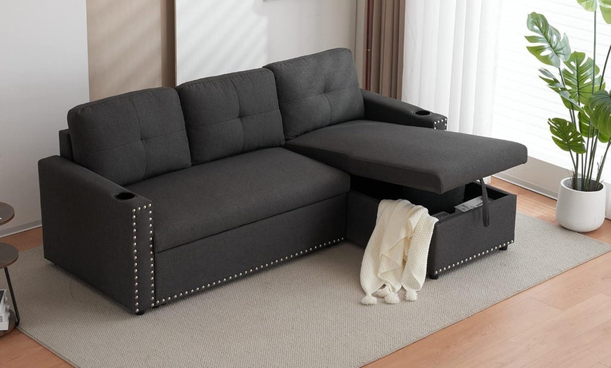 Image 8: Three Seater Reversible Sofa Bed with Storage and Cupholder