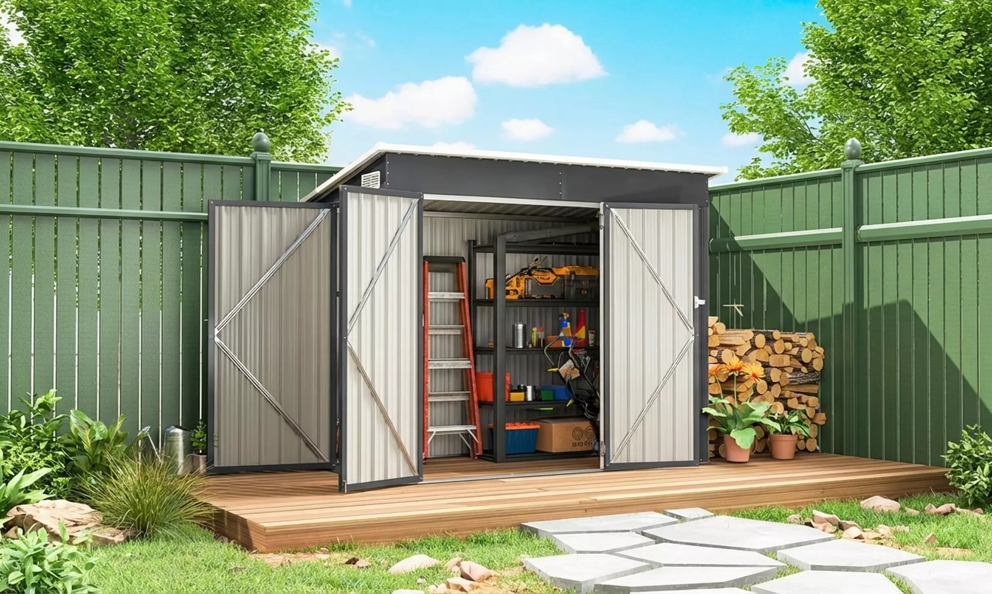 Metal Garden Storage Shed with Double and Side Doors
