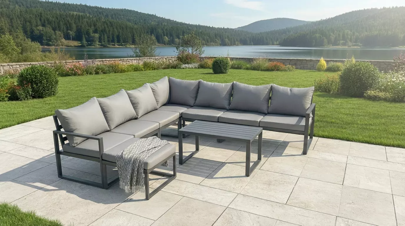 7pc Aluminium Garden Corner Sofa Set with Coffee Table and Footstool
