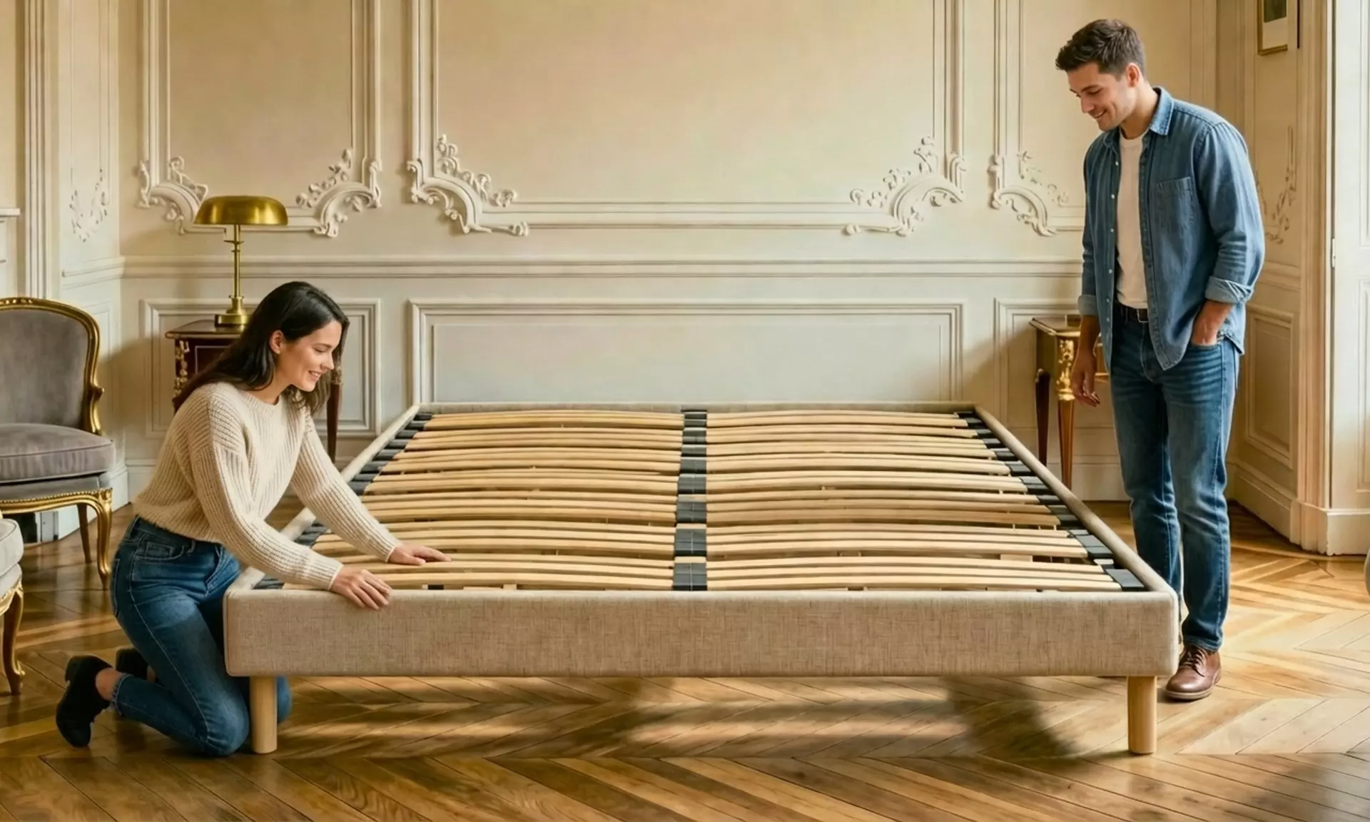 Gestoffeerde beige lattenbodem van duurzaam hout