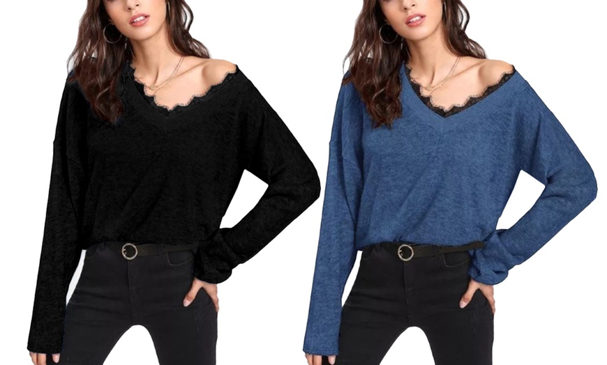 Image 6: Lace Trim V-Neck Sweater