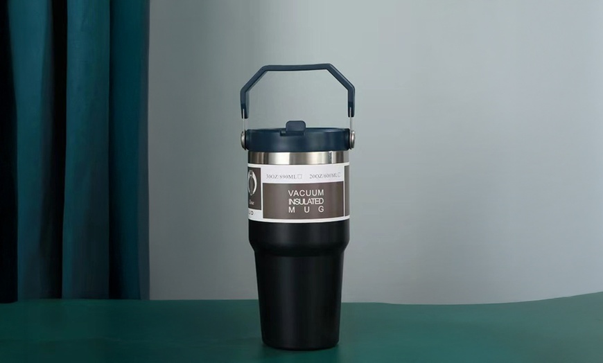 Image 2: Portable Stainless Steel Cup with Hidden Straw and Handle