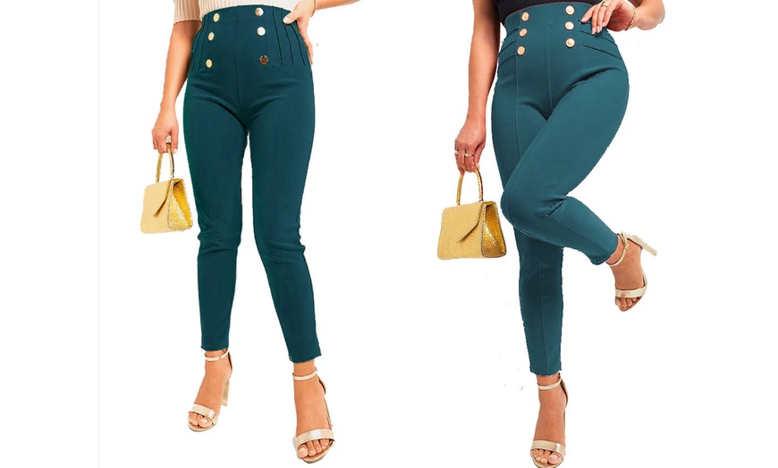 Image 8: Gold Button Waist Detail Stretch Fit Smart Trousers