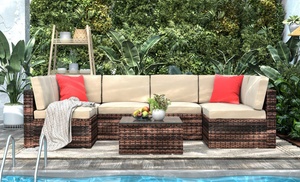 Six-Seat Rattan-Effect Sofa with Table and Optional Cover