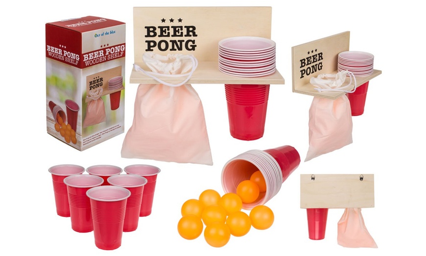 Image 1: One or Two Beer Pong Party Games with Wooden Shelf