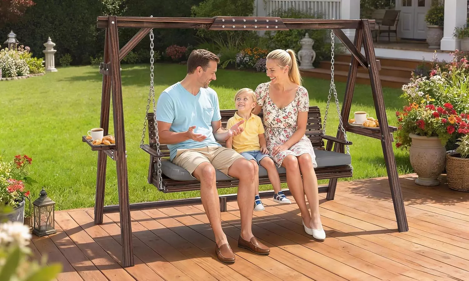 Outsunny 3-Seater Garden Swing Chair; Metal or Wooden Frame
