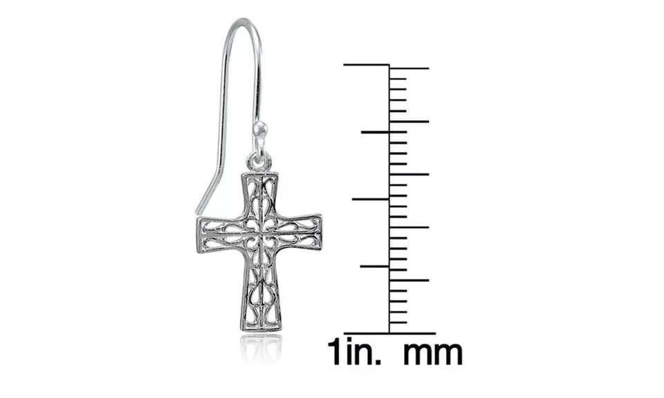 Sterling Silver High Polished Filigree Cross Dangle Earrings
