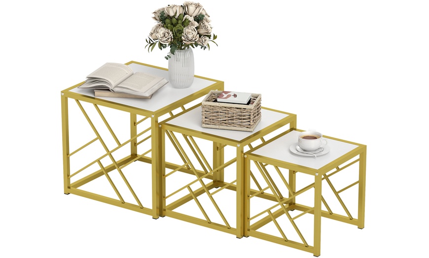 Image 2: HomCom Set of Three Stacking Coffee Tables in White and Gold Tone 