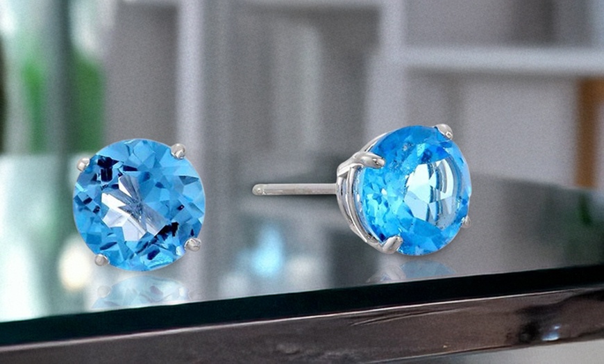 Image 1: 14k White Gold Plated 4 MM Round Genuine Blue Zircon Stud Earrings