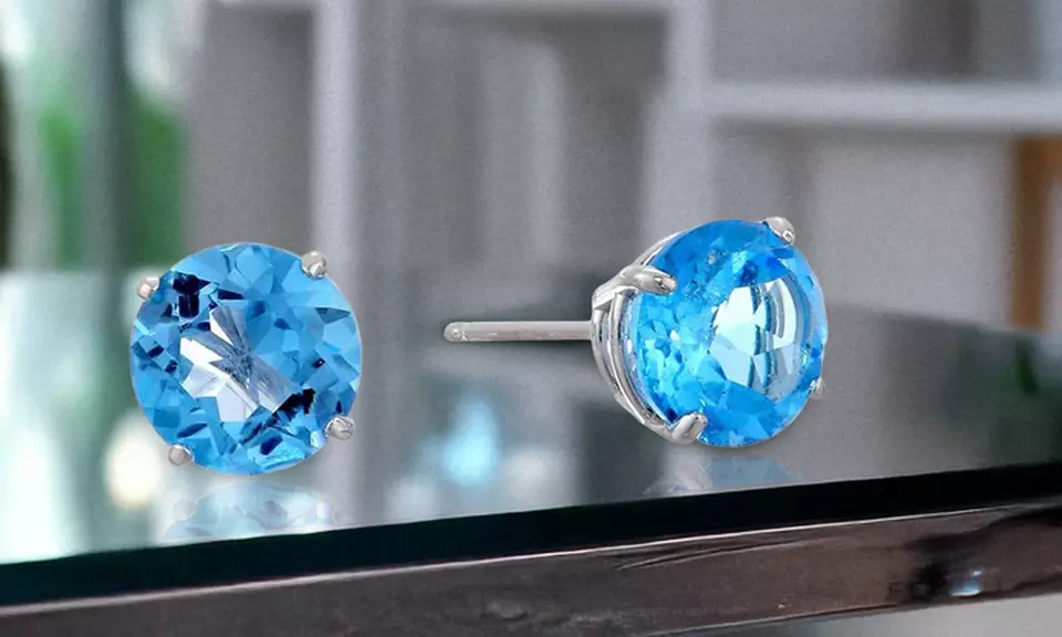14k White Gold Plated 4 MM Round Genuine Blue Zircon Stud Earrings