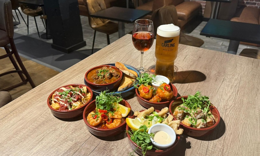 Image 2: Six, Nine, or Twelve Tapas + Glass of Wine or Pint Each For Up to 4