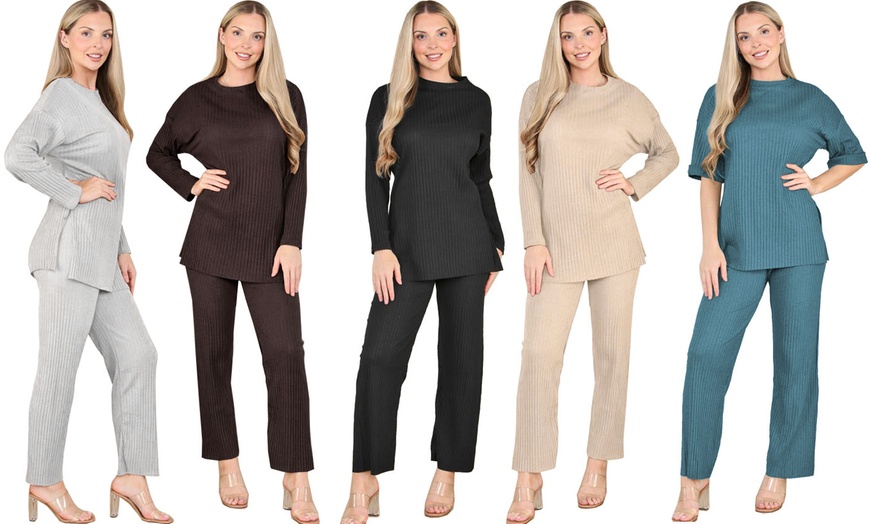 Image 1: Want Clothing Ribbed 2-Piece Wide Leg Loungewear Suit