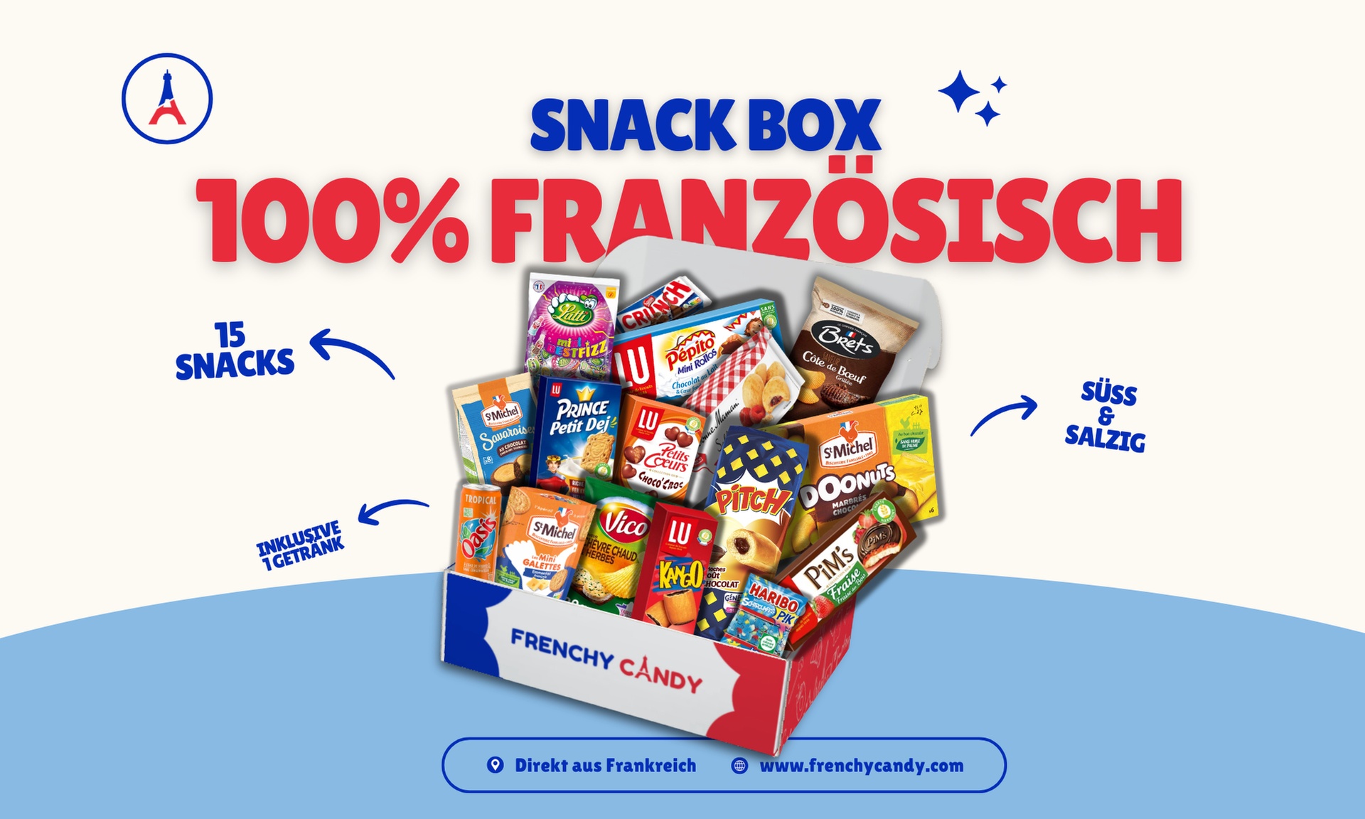 Französische Snack Box "Discovery Box": Entdecke 15 Snacks & 1 Getränk