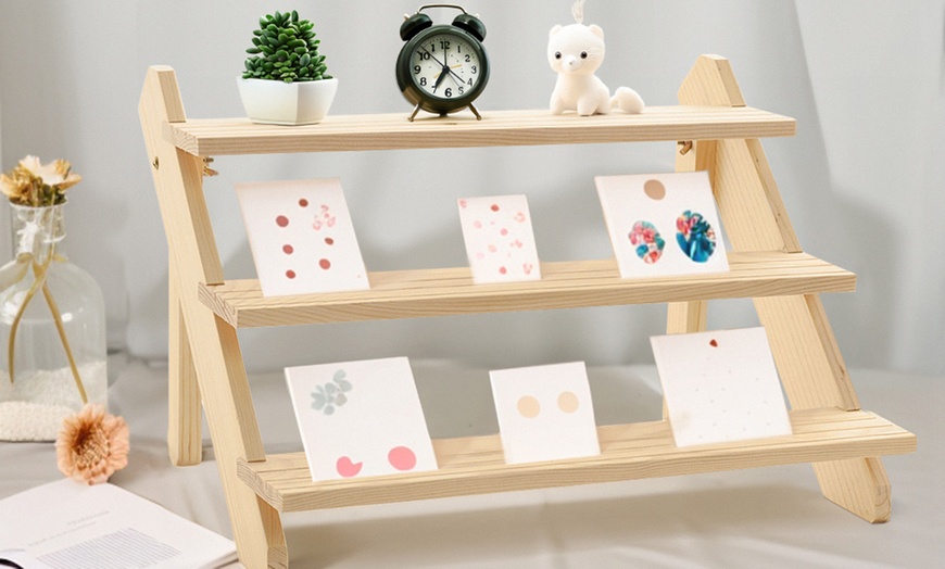 Image 1: Four Tier Natural Pine Wood Desktop Display Stand