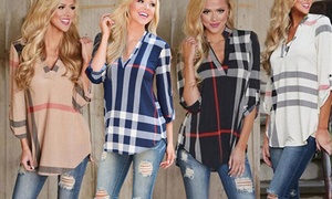 Women's V-Neck Checked Shirt