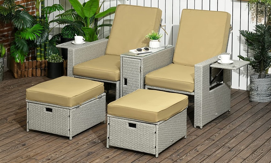 Image 8: Outsunny Rattan-Effect 2 Sun Loungers with Footstools, with Cushions
