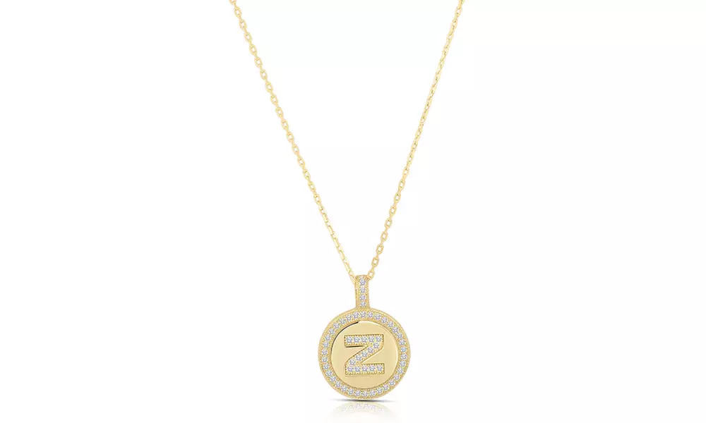Crystal Round Disc Initial Pendant Necklace in 14K Gold Plated