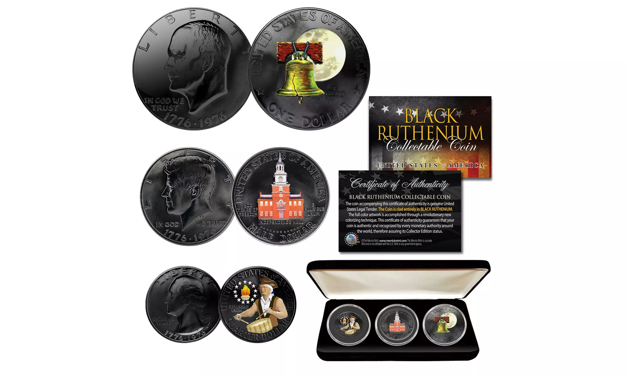 1976 Bicentennial Ruthenium Colorized Coins - JFK / IKE / QTR with BOX