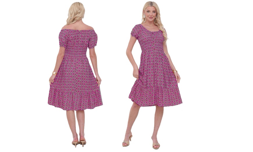 Image 21: Women's Printed Bardot Gypsy Midi Dress